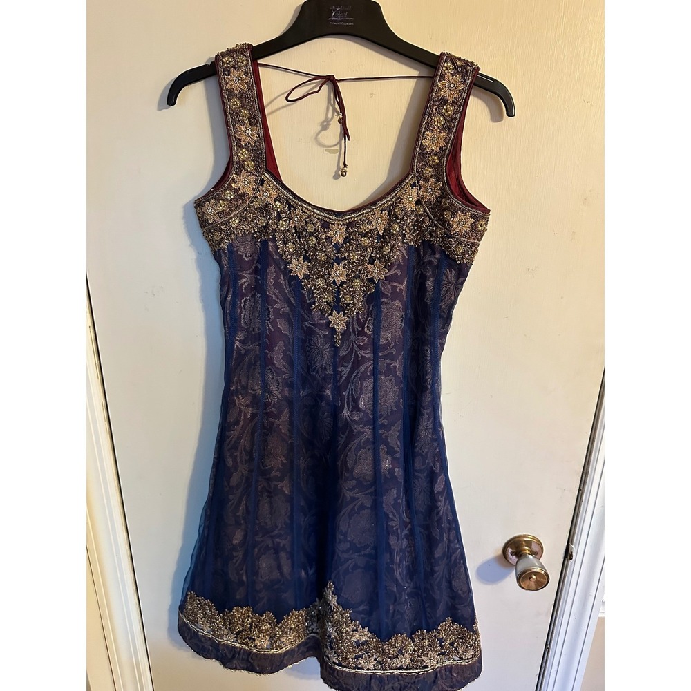 Stunning Blue Gold Embroidered Kameez Kurti Indian Pakistani Formal Wear Size 34